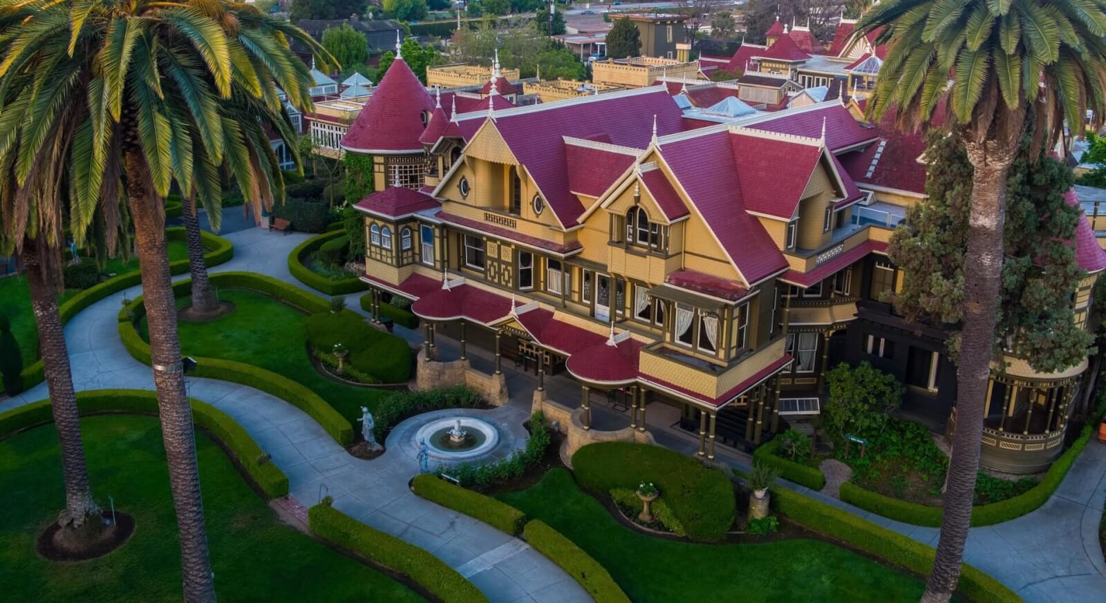 An aerial view of the Winchester Mystery House, a top attraction near Santa Clara.